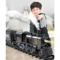 ชุดรถไฟฟ้าของเล่นรถไฟไอน้ำจำลองรถไฟอัลลอยรางพ่นของเล่นที่มีเสียงและชุดรางรถไฟไฟสำหรับเด็กแบบ DIY