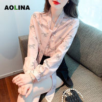 AOLINA ใหม่ฤดูใบไม้ร่วงของผู้หญิงผ้าไหมขนาดเล็กแขนยาวพิมพ์ริบบิ้นเสื้อ