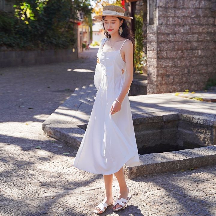 beach-resort-wind-pure-white-backless-bowknot-condole-sleeveless-dress