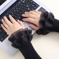 10MS Women Sweet Fake Sleeves Double Layer Ruffles Lace Flared Cuffs Wrist Warmers