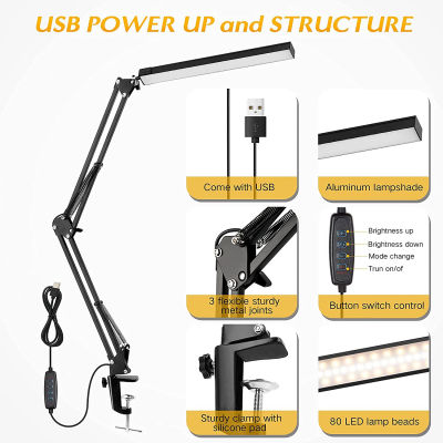 LED Desk Lamp, Eye-Caring Metal Swing Arm Desk Lamp with Clamp, 3 Modes Dimmable Clamp Table Desk Light with Memory Function