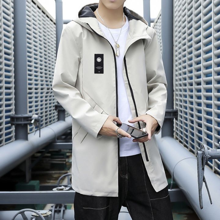 ส่งของ-hanlu-เสื้อแจ็คเก็ตผู้ชายแฟชั่นยาวมีฮู้ดเสื้อกันลมสไตล์เกาหลีสีทึบใหม่แจ็คเก็ตลำลอง
