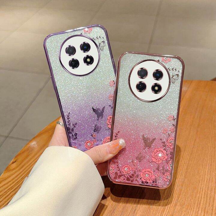 เคสกลิตเตอร์สำหรับ-huawei-nova-y91-y90-novay90-novay91-4g-2023-2022ฝาหลังอ่อนนุ่มซิลิโคน-tpu-ยืดหยุ่นเคสกันกระแทกมือถือแวววาวปกป้องดอกไม้ชุบไล่ระดับสี