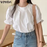 VONDA Women Tops Short Sleeve O Neck Solid Color Blouse Summer Casual T-Shirts (Korean Causal)