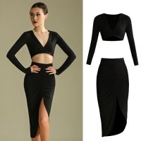 New Latin Dance Clothes For Women Long Sleeve Tops Black Skirts V Neck Slit Salsa Dance Costume Practice Dress Suit