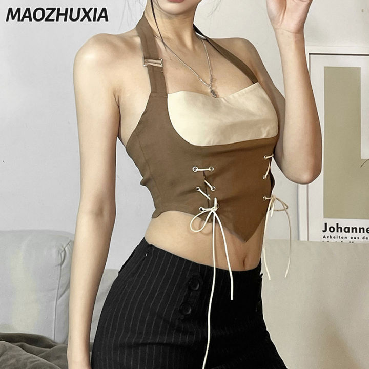 MAOZHUXIA Xu Hướng Ngoại Thương Châu Âu Và Mỹ 2023 Express New Women  Slim-Thời Trang Bó Sát Cổ Treo Màu Áo Ba Lỗ Nhỏ 