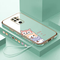 (คลังสินค้าพร้อม) เคสเคสมือถือสำหรับ Xiaomi Redmi Note 9มีฟรีสายคล้อง + ตัวการ์ตูนสุนัขชุบขอบสี่เหลี่ยมชุบเคลือบฝาหลังนิ่ม