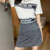 DIO Short Skirt with Full Printed A-line Skirt+letter Printed Cotton Short Sleeve T Two-piece Suit