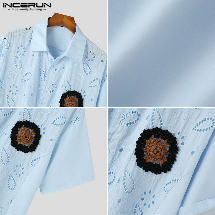 incerun-เสื้อถักแบบลำลองแฟชั่นผู้ชายแขนสั้น-เสื้อเสื้อปักลายกลวงออกปกเสื้อ-สไตล์เกาหลี