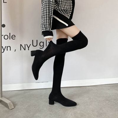 2021Shoes Women Elastic Over The Knee Long Boots Sexy Pointed Toe Med Heel Ladies Thigh High Boots Black Boots Chaussures Femmer