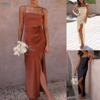 COD 【HODRD】Womens Satin Strapy Suspenders Long Dress Sleeveless Bodycon Clubwear Summer Party Dress【Fashion】