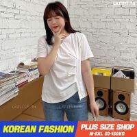 Plus size เสื้อผ้าสาวอวบ เสื้อยืดสาวอวบอ้วน ไซส์ใหญ่ ผู้หญิง ทรงหลวม แขนสั้น คอกลม จีบอก สีขาว ฤดูร้อน สไตล์เกาหลีแฟชั่น