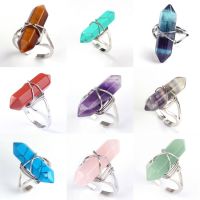 KFT Silver Plated Wire Wrap Hexagon Column Resizable Amethysts Quartz Crystal Stone Finger Rings For Women Party Wedding Jewelry