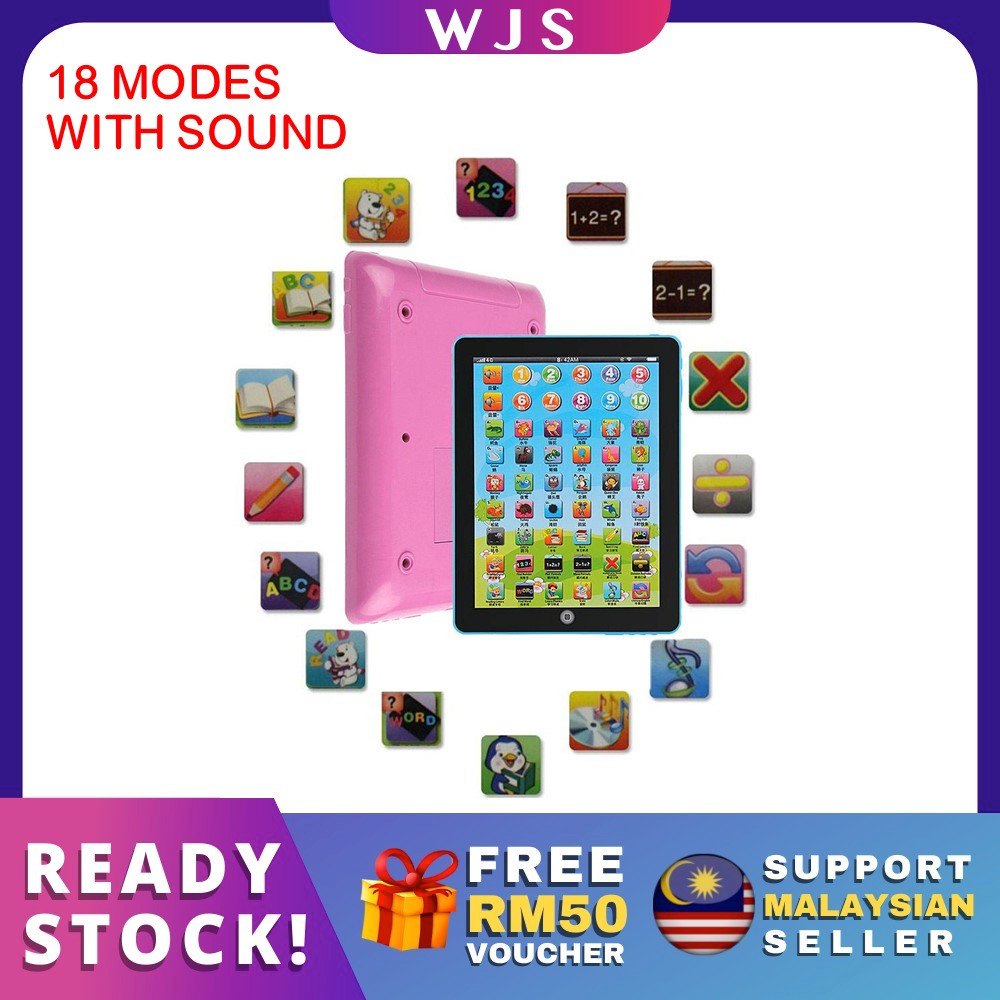 (18 MODES - ABC, SPELLING, SOUNDS, MATHS) WJS Kids Tablet Children Learning English Educational Mini Computer Tablet Toy Pad with Sound Music Picture Early Education Early Learning Alphabets Numbers ABC Pre School Preschool Multicolor [FREE RM50 VOUCHER]