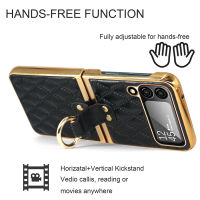 2023FashionFor Samsung Galaxy Z Flip 4 Case Rhombus PU Leather Electroplate Frame Tempered Glass Full Protection Cover