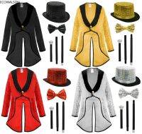 ▨ Childs Boys Showman Set Black Gold Red Silver Sequin Tailcoat Top Hat Bowtie Fancy Dress Costume Dance Show Drop Shipping