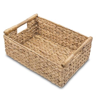 Wicker Basket Rectangular with Wooden Handles for Shelves,Water Hyacinth Basket Storage,Natural Baskets