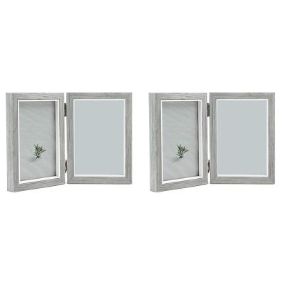 2X Double Picture Frame 4X6in Rustic Grey Photo Frames Wooden Hinged Folding,Wedding Gifts,Mothers Fathers Day Present