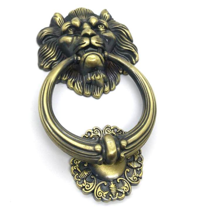 มือจับประตูแบบโบราณ-รูปหัวสิงห์โต-สวยงามดุดัน-สีantique-bronze-ขนาด-9-นิ้ว-สีทองเหลืองโบราณ