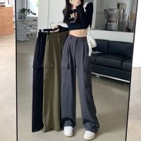 【Spot goods】American retro overalls womens high waist pocket casual suit pants wide leg long pants Cargo Pants