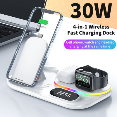 HOCE 3 in 1 Wireless Fast Charger Dock สำหรับ iPhone 14 13 12 11 Pro Max 14 Plus สำหรับ Apple Watch Airpods Pro 30w Fast Charger ขาตั้งไฟกลางคืนเจ็ดสี