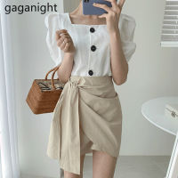 Gaganight Elegant Women Two Pieces Set White Vintage Short Sleeve Blouse Ruched Mini Short Skirt Office Lady Chic Korean Suit