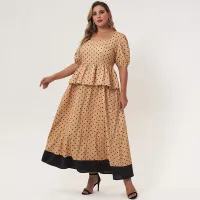 2022 New Summer Dress Women Orange Plus Size Elegant Square Collar Dot Stacked Ruffle Hem Lantern Short Sleeve Maxi Party Robes