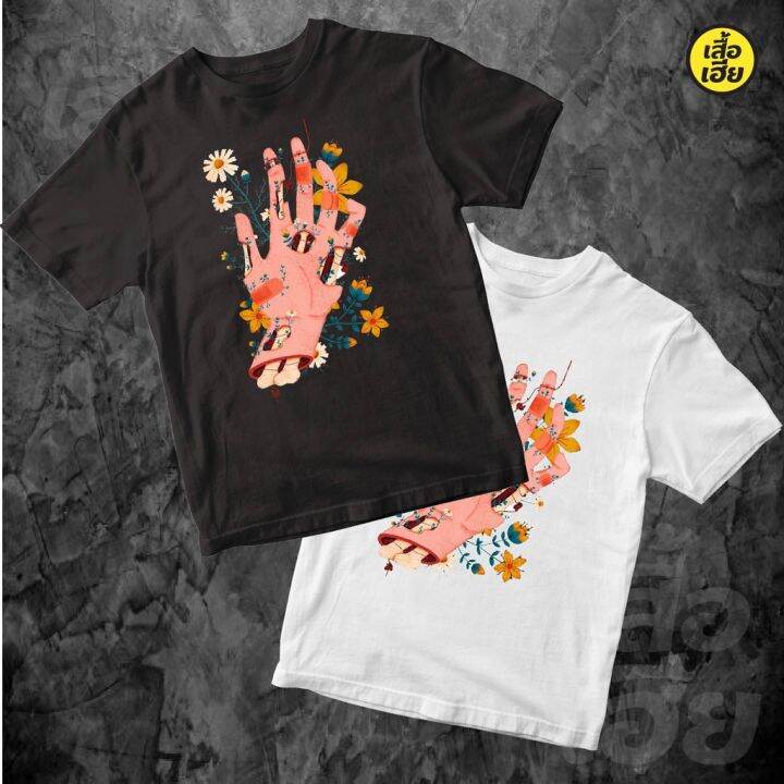 มีสินค้า-มีของพร้อมส่ง-เสื้อยืด-the-flowers-hand-เสื้อยืดลายศิลปะ-ผ้า-cotton-100