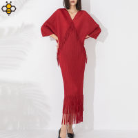 30362 One Size (45-75kg) Pleated Oversized Dress Loose Fitting Womens Tassel Bat Sleeve Wrap Buttocks Fitted V-neck Long Dress