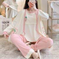 3pcs/set Maternity Pajamas Suits for Nursing Fashion Print Lactation Tops+Long Sleeve Coats+Long Trousers Pregnancy Clothes Set