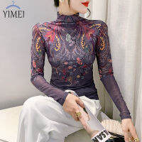 YIMEI เสื้อท่อนล่างพิมพ์ลายสำหรับผู้หญิง,เสื้อยืดแขนยาวแบบสวมหัวเข้ารูปพอดีคอสูงสำหรับฤดูใบไม้ร่วง/ฤดูหนาว2023