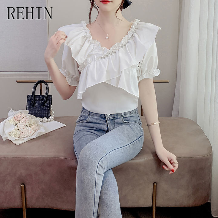 rehin-เสื้อผู้หญิงสไตล์ฝรั่งเศสสุดขอบใบบัวคอวีโชว์ไหปลาร้าไหล่ข้างเดียวพร้อมเสื้อเสื้อหรูหราไข่มุกแขนพอง