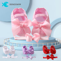 Denoswim 2ชิ้น/เซ็ตรองเท้าเด็กผู้หญิง + Hairbands สำหรับทารกแรกเกิดฤดูใบไม้ผลิฤดูใบไม้ร่วง Bowknot พิมพ์รองเท้านุ่มพร้อมแถบคาดศีรษะทารกผ้านุ่ม Crib First Walkers