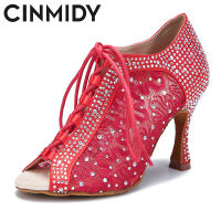 CINMIDY รองเท้าเต้นรำละตินของผู้หญิงด้วย Rhinestone ลูกไม้ตาข่ายสายบอลรูมพรรคประสิทธิภาพรองเท้าสีแดงผู้หญิงรองเท้าแต่งงาน