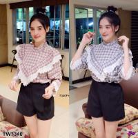 P7340  	Set 2 ชิ้นแขนยาวลายสก๊อต+กางเกงขาสั้น  Set of 2 pieces, long sleeve plaid + shorts.