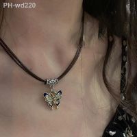 Korean Dream Butterfly Pendant Necklace for Women Girls Fashion Leather Rope Chain Choker Vintage Y2k Banquet Jewelry Gift