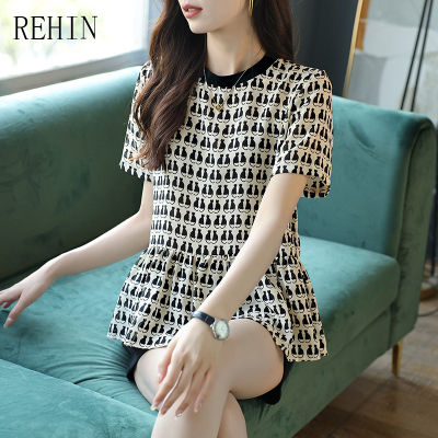 REHIN Women S Top Cat Print Drapey Round Neck Short Sleeve Shirt Age-Defying Elegant Blouse