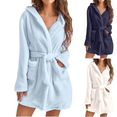 Women Winter Plush Thermal Long Bath Robe Lengthened Shawl Hooded Bathrobe Warm Kimono Dressing Gown Flannel Bath Robe Sleepwear