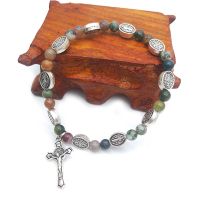 Vintage Catholicism Handmade Colorful Natural Stone Agate Women Religious Gift Rosary Beaded Cross Bracelets Jewelry Accessories