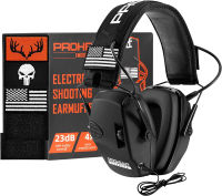 Electronic Ear Protection for Shooting with US Flag and Punisher Patch,Range Hearing Protection Muffs, PROHEAR 066 NRR 23dB Noise Reduction Sound Amplification Earmuffs for Hunting, Black Black (Punisher 1+patriot 2+antler 1 Patch)