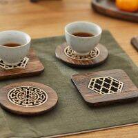 【CW】☊  4-piece Set Wood Coasters and Round Desktop Heat-resistant High-quality Carved Cup Holder Bowl