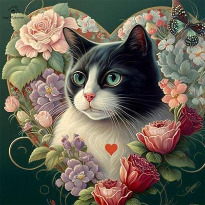 งานฝีมือศิลปะของตกแต่งบ้านแมวดอกไม้ภาพวาดเพชรเจาะเต็มรอบแบบทำมือสำหรับ5D