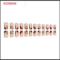 KONSIRAN 24pcs/box สไตล์ฝรั่งเศสแบบ ดอกคำฝอยสีเขียวเขียว สี่เหลี่ยมสี่เหลี่ยม ฝาครอบเต็มรูปแบบ เล็บปลอมสีชมพู แฟชั่นสำหรับผู้หญิง ความยาวสั้น ปลายเล็บ สำหรับผู้หญิง