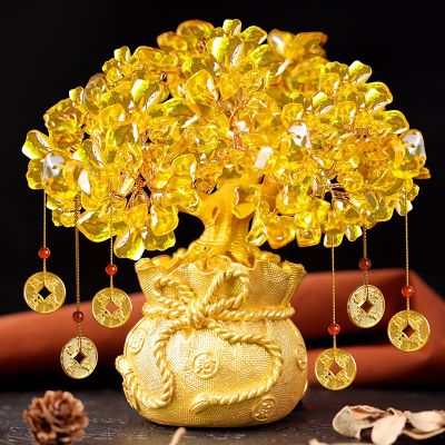 Natural Citrine Gemstone Resin Golden Fortune Tree Copper Coins Tassel Pendant Ornament Figurine Cash Cow Feng Shui Mascot Decor