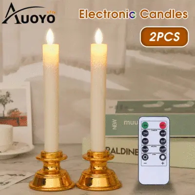 Auoyo เทียนปลอมไฟฟ้า 2ชิ้น LED ไฟฟ้าเทียนแสงคริสต์มาส Flameless หน้าต่างคริสต์มาสเทียนไฟไส้ตะเกียงแสงทองผู้ถือเทียนการควบคุมระยะไกลสำหรับบ้านในร่มตกแต่งตารางพระพุทธรูปเทศกาลเฉลิมฉลอง ธูปเทียนไฟฟ้า