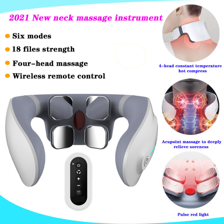 Portable 4 Massage Heads Smart Back Neck Massager TENS Pulse Shoulder Neck  Massage Cervical Vibrator Heating Neck Massager