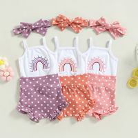 Lovely Summer Toddler Newborn Baby Girls Clothes 0-24M Rainbow Print Sleeveless Bodysuits+Ruffles Dots Shorts+Headband Outfits  by Hs2023