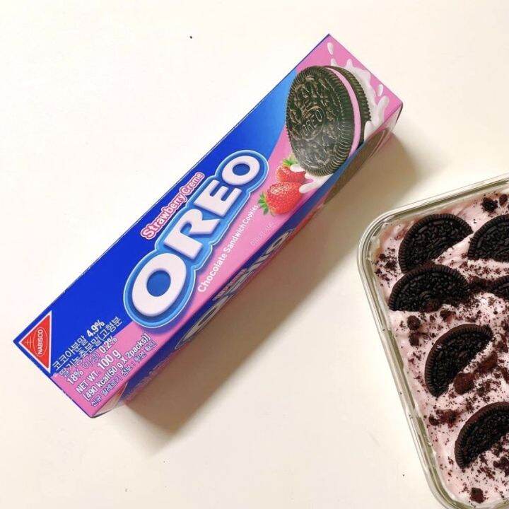 ขนมคุกกี้สอดไส้ครีมสตอเบอร์รี่-oreo-strawberry-cream-100g-ขนมเกาหลี