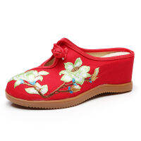 Veowalk Flowers Embroidered Women Canvas Close Toe Slippers 7cm Wedge Comfortable Retro Ladies Summer Fabric Mules Shoes