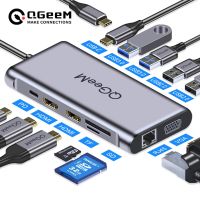 QGeeM USB C Hub for Macbook Pro Triple Display Type C Hub to 4K Dual HDMI VGA Micro SD Card Readers RJ45 Aux PD USB Hub Adapter